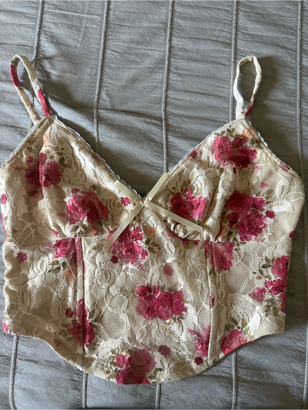 Windsor Cream Lace Crop Top Corset with Pink Floral Print